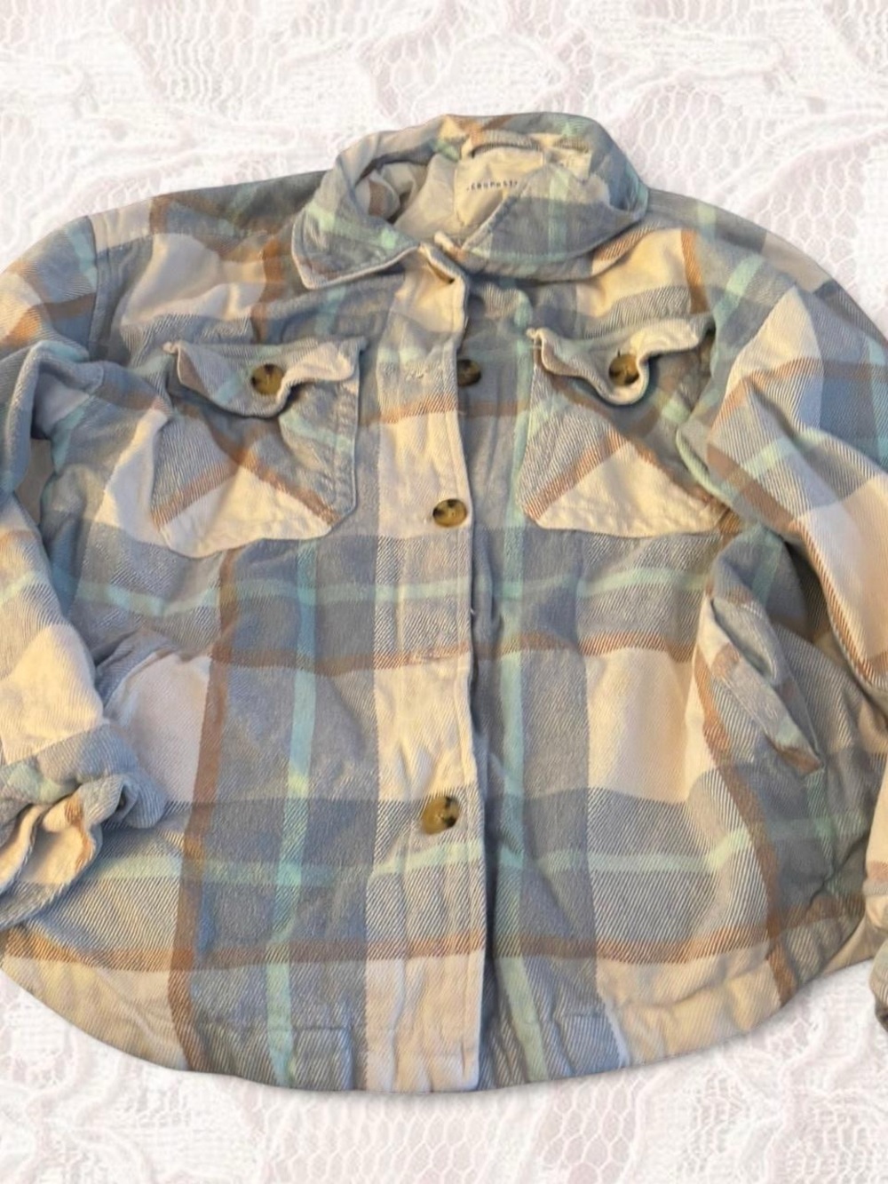 Aeropostale Kids Plaid Jean Shacket - Blue Tan